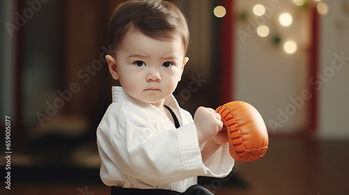 Dressed in a martial arts uniform, a baby holds a soft punching bag