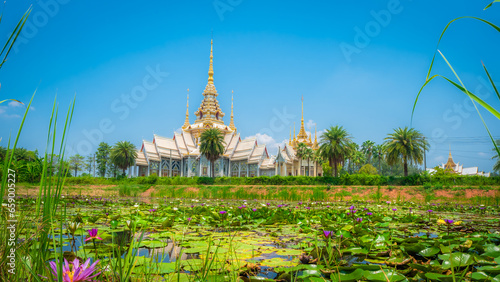 Wat Non Kum with a lotus pond is considered a symbol of Buddhism. in Sikhio District, Nakhon Ratchasima Province, Thailand. Select focus lotus