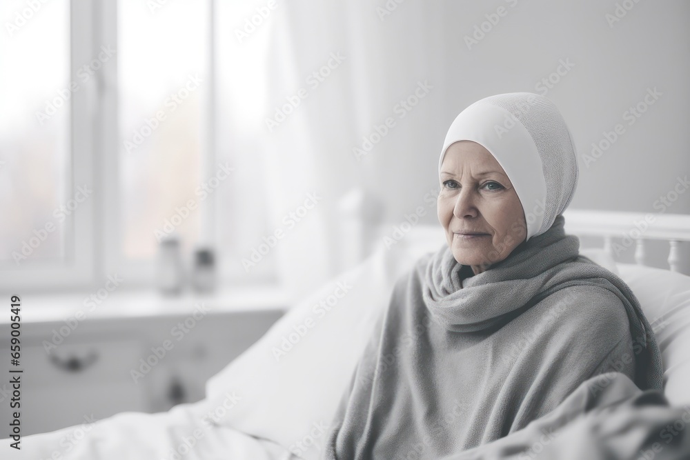 Portrait of a happy, elderly woman in a headscarf for cancer patients, recovering from illness. Portrait of a happy, elderly woman in a headscarf for cancer patients, recovering from illness.