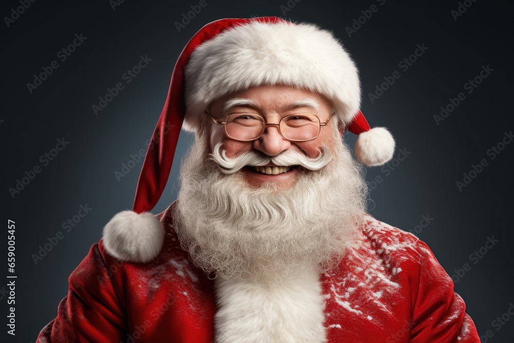 Naklejka premium Close up photo of positive cheerful santa claus looking in camera wearing a red costume hat 