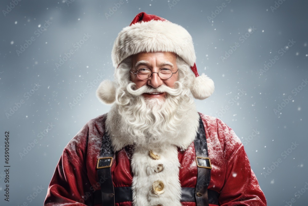 Close up photo of positive cheerful santa claus looking in camera wearing a red costume hat Close up photo of positive cheerful santa claus looking in camera wearing a red costume hat