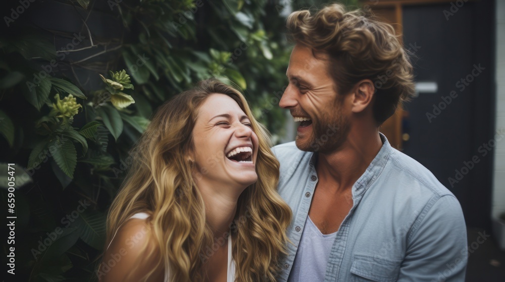 Happy couple on vacation. Lovers are laughing. Happy guy and girl. Lovers enjoy each other outdoor. Happy couple on vacation. Lovers are laughing. Happy guy and girl. Lovers enjoy each other outdoor.