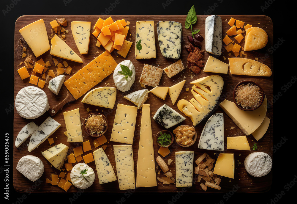 Different and famous cheese varieties, cut cheese slices displayed on a wooden table, top view