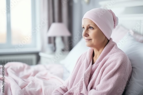 Portrait of a happy, elderly woman in a headscarf for cancer patients, recovering from illness.