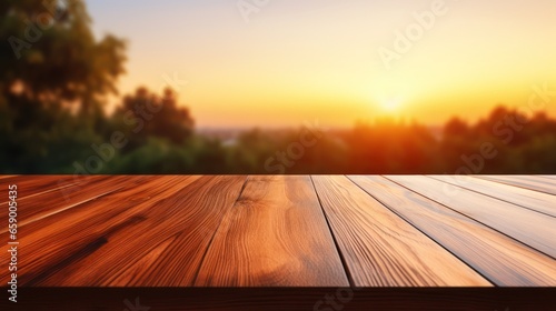 The empty wooden table top with a blurred background of the downtown business district.