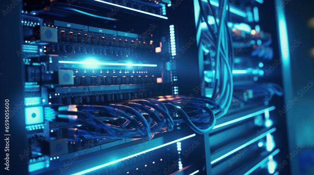 Digital Backbone: A View Inside a Server Room with Switches, Internet Cables, Wires, and Fiber Optic Equipment Creating a Network Background. Digital Backbone: A View Inside a Server Room with Switches, Internet Cables, Wires, and Fiber Optic Equipment Creating a Network Background.