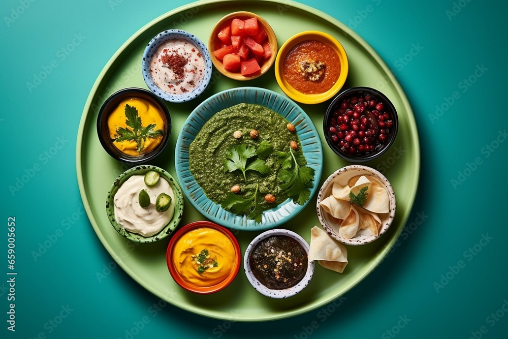 A plate of diverse mezze or tapas with dips, spreads, and appetizers. Food photography, fresh color background. Generative AI