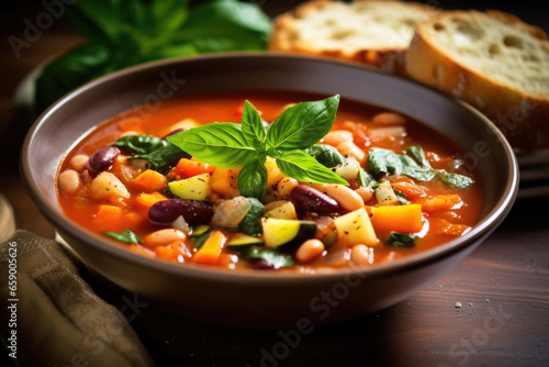 Bowl of Minestrone soup with pasta, beans and vegetables