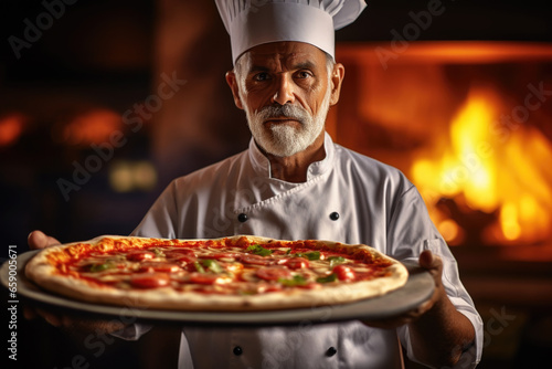 Portrait of professional chef in a pizzeria, pizzaiolo presenting freshly cooked pizza