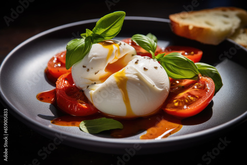 Burrata cheese with tomatoes, olive oil and fresh basil on dark wooden background. Traditional Italian food.