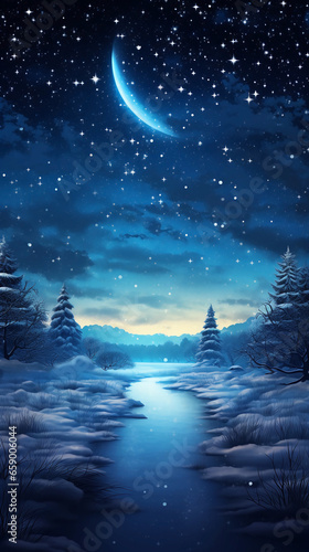 Hand drawn winter night snow scene illustration 