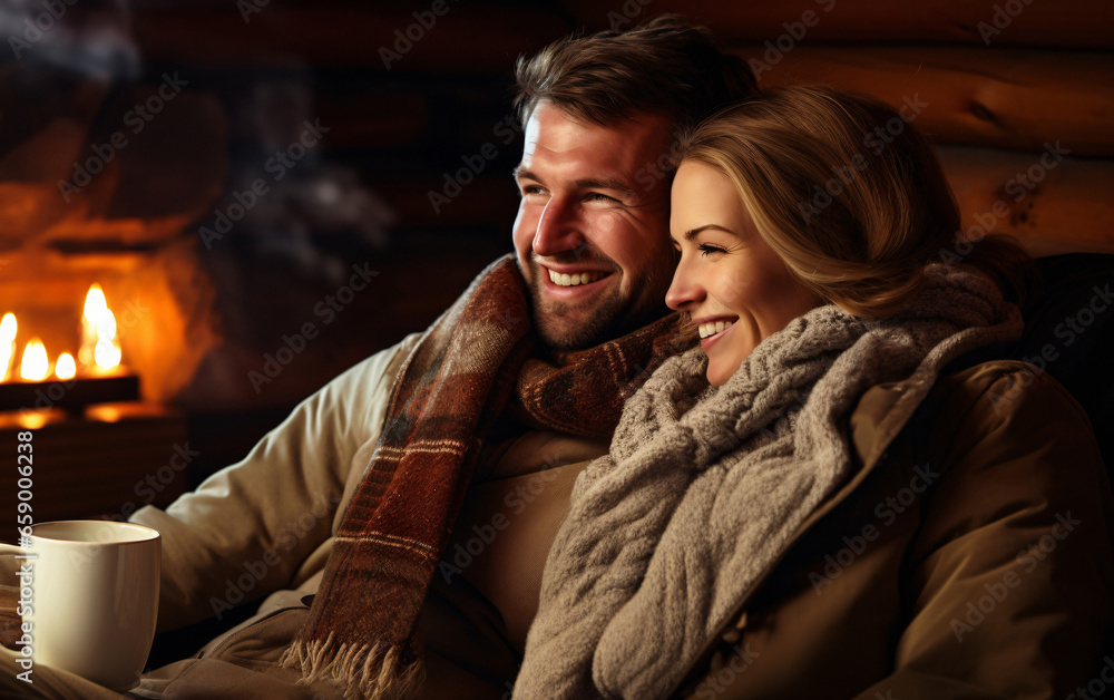 Young happy couple hugging by the fireplace during the cold season in winter in a cozy home huddled close to each other Young happy couple hugging by the fireplace during the cold season in winter in a cozy home huddled close to each other