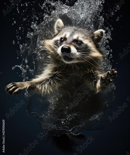 Raccoon falling into the water, splashing