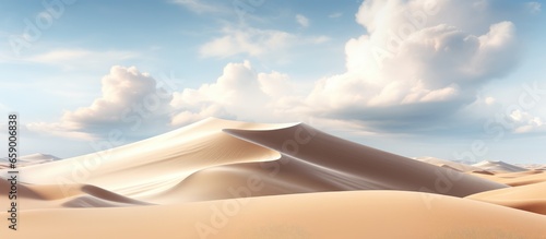 Abstract panoramic landscape featuring desert sand dunes and white clouds in a