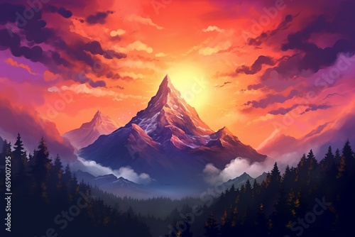 Majestic mountains against a colorful sky. Ample space for copy. Generative AI