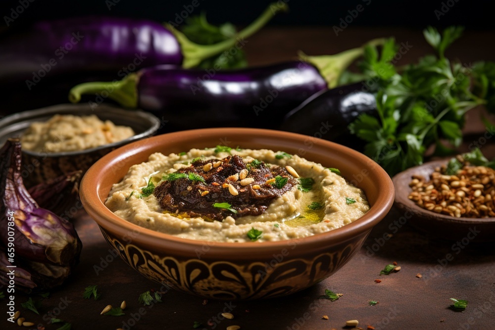 Pureed eggplants made into a delicious baba ghanoush dip in traditional