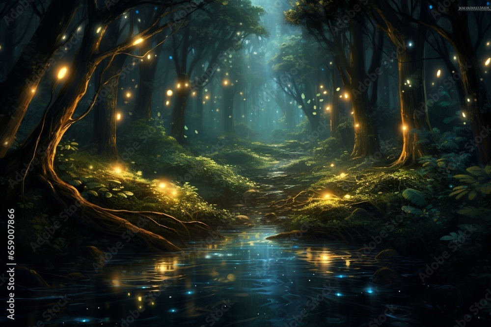 Mystical forest gleaming with ethereal glow and swarming fireflies. Generative AI