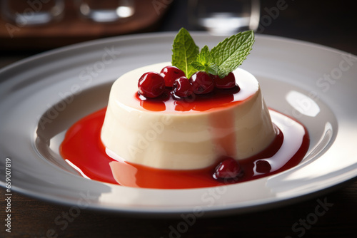 Delicious Italian dessert panna cotta with berry sauce, fresh berries and mint photo