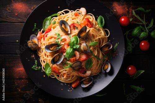 Fresh Spaghetti pasta with seafood on the plate close up, top view