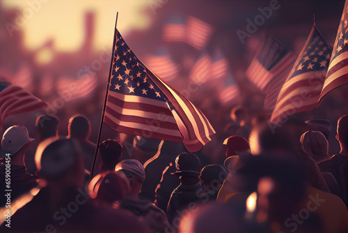 illustration of crowd american people waving with flag at memory day celebration . photo