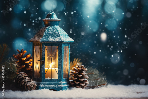 Beautiful street lantern with a candle with pine cones on a blue background, New Year theme, space for text, bokeh background © Iaroslava
