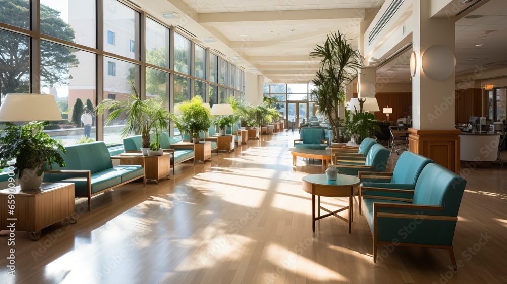 A pristine hospital lobby with welcoming staff.