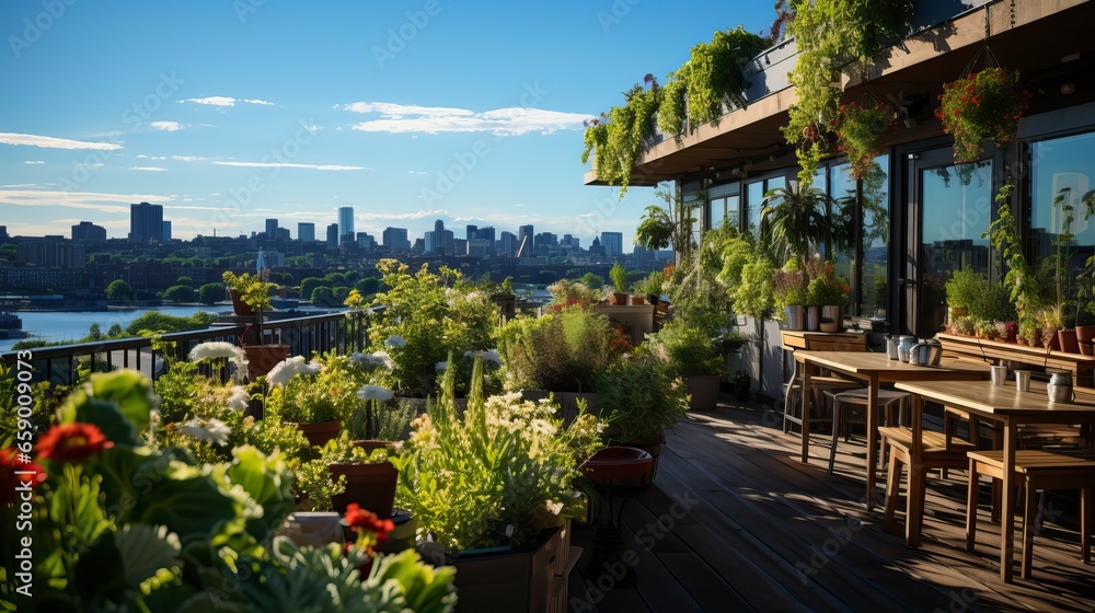 A rooftop garden with lush greenery and city skyline views.