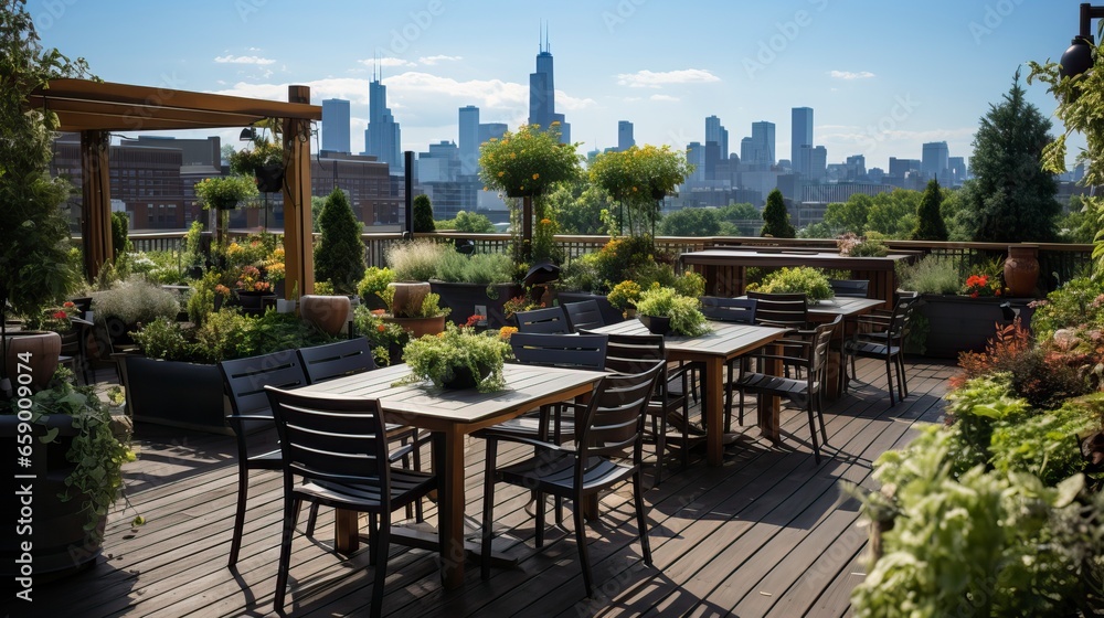 A rooftop garden with lush greenery and city skyline views.
