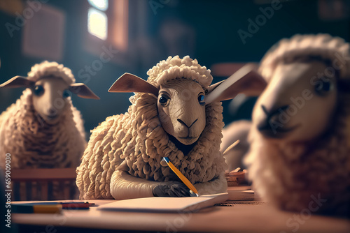 illustration of sheep sit at school in the classroom stupid students . photo
