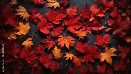 Red and orange fall leaves on a dark background