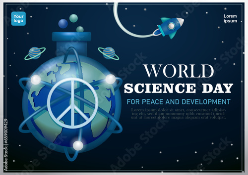 World Science Day, for Peace and Development. Earth with peace symbol surrounded by atomic particles, beaker background. 3d vector, suitable for science and education