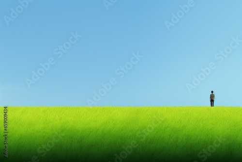 A solitary figure standing in a vibrant green field