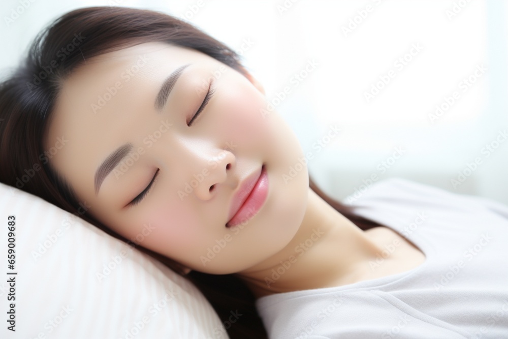 A peaceful woman sleeping soundly on a comfortable bed A peaceful woman sleeping soundly on a comfortable bed