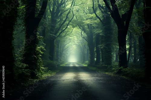 A scenic forest road with a captivating light at the end