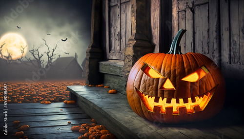 Halloween Pumpkin in front of an old house in a dark scenery