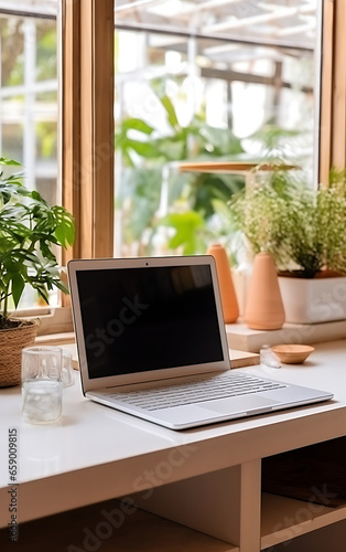 Wallpaper Mural Laptop blank screen in the kitchen in a cozy house Torontodigital.ca
