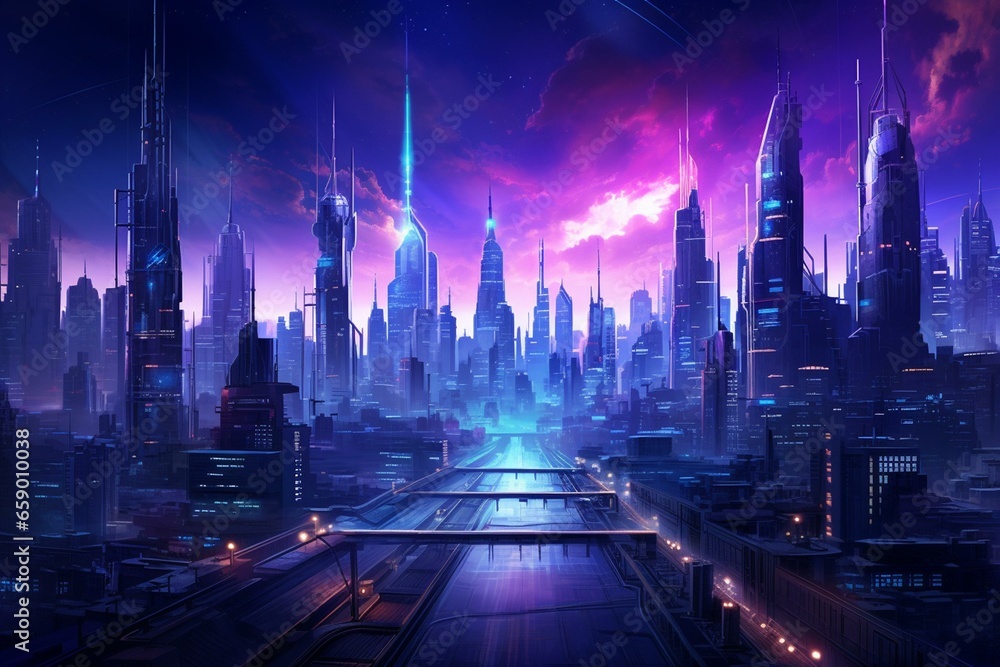 Stunning metropolis adorned in captivating cyan and purple neon lights. Generative AI