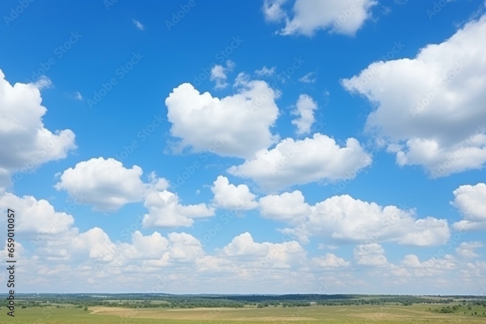 Clear sky with fluffy clouds. Scenic view of nature. Generative AI