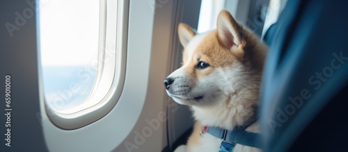 Akita Inu puppy traveling adorably by airplane window with pet