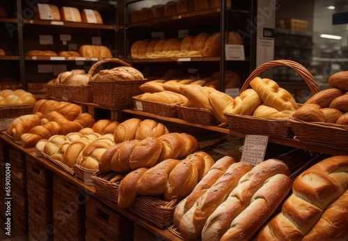 Bakery counter with fresh bread, Various types of delectable bread loaves, buns, rolls, baguettes, and bagels are displayed in baskets on the shelves of bakeries.
