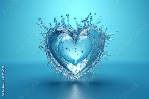Abstract water splash background with a 3D rendered water heart. Generative AI