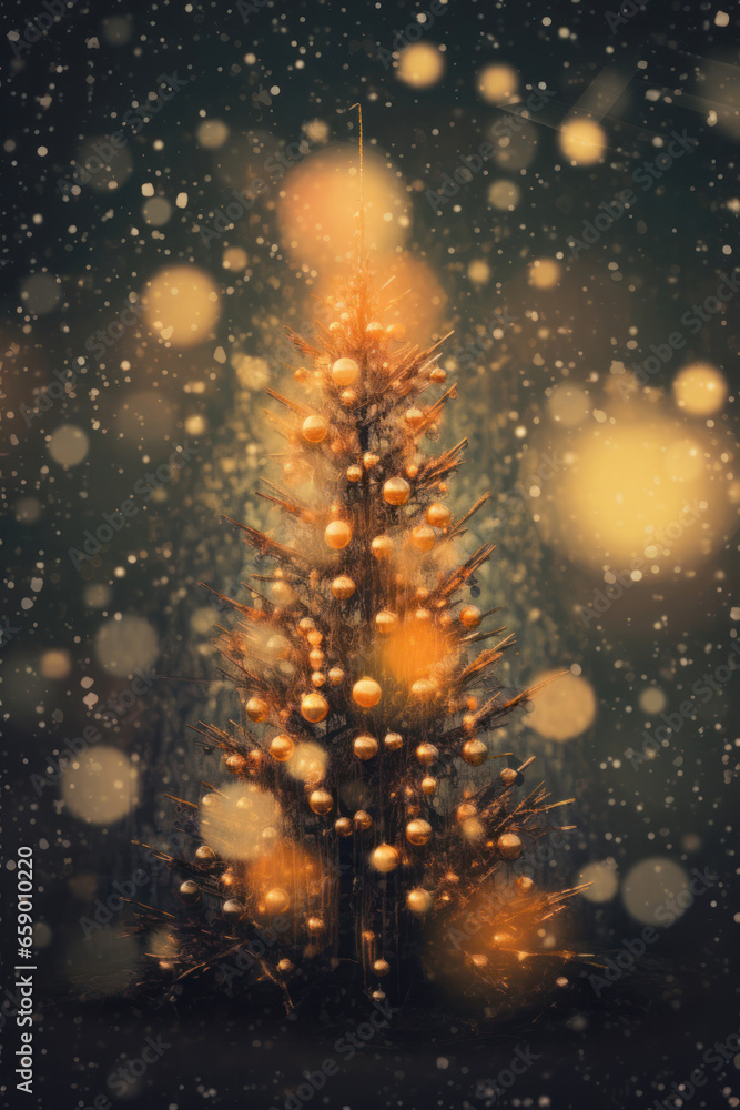 Golden Christmas tree with bokeh and glitter