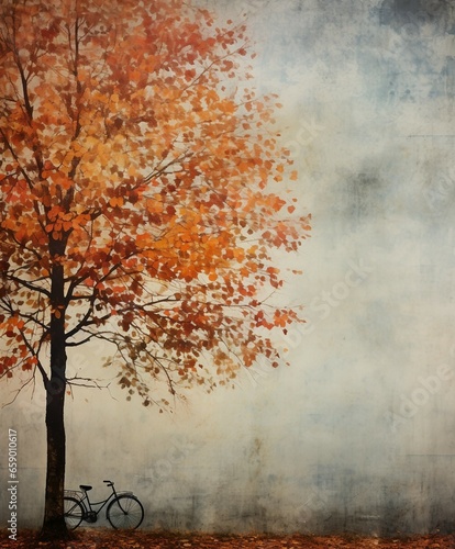 Beautiful Fall background for letters, a bicycle parked under some grass near an autumn tree, vintage style poster in light blue and amber, moody and tranquil scene