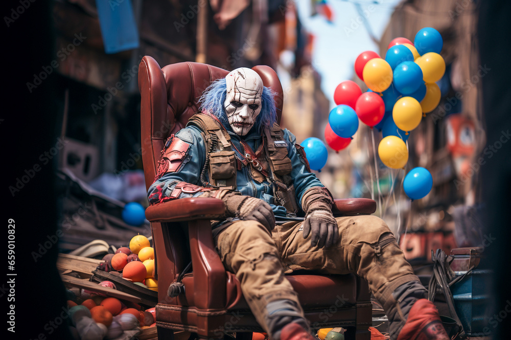 Horror clown sitting on chair with balloons around him