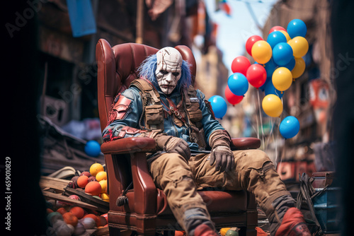 Horror clown sitting on chair with balloons around him © michaelheim