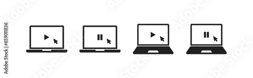Laptop icon set with play and pause icon and mouse cursor. Vector EPS 10