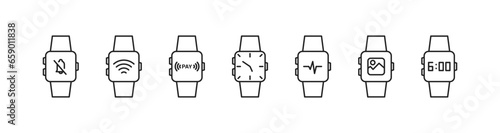 Smartwatch icon set with different icons. Fitness tracker, nfc, clock, notification, alarm, wi-fi and gallery. Vector EPS 10