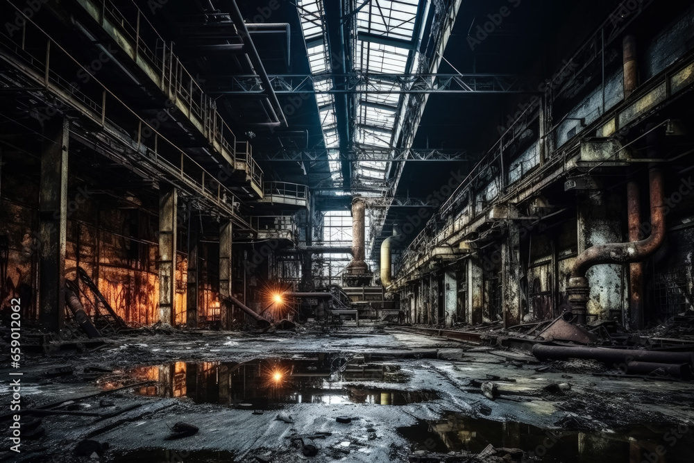Abandoned industrial factory deteriorating under the relentless march of time  - obrazy, fototapety, plakaty 