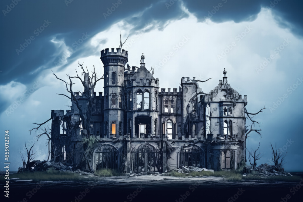 Ancient manor undergoing structural decay isolated on a gradient gloomy background 