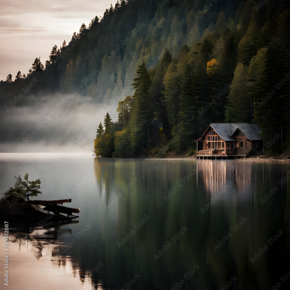 Fototapeta premium A serene lakeside cabin with a misty forest in the background.